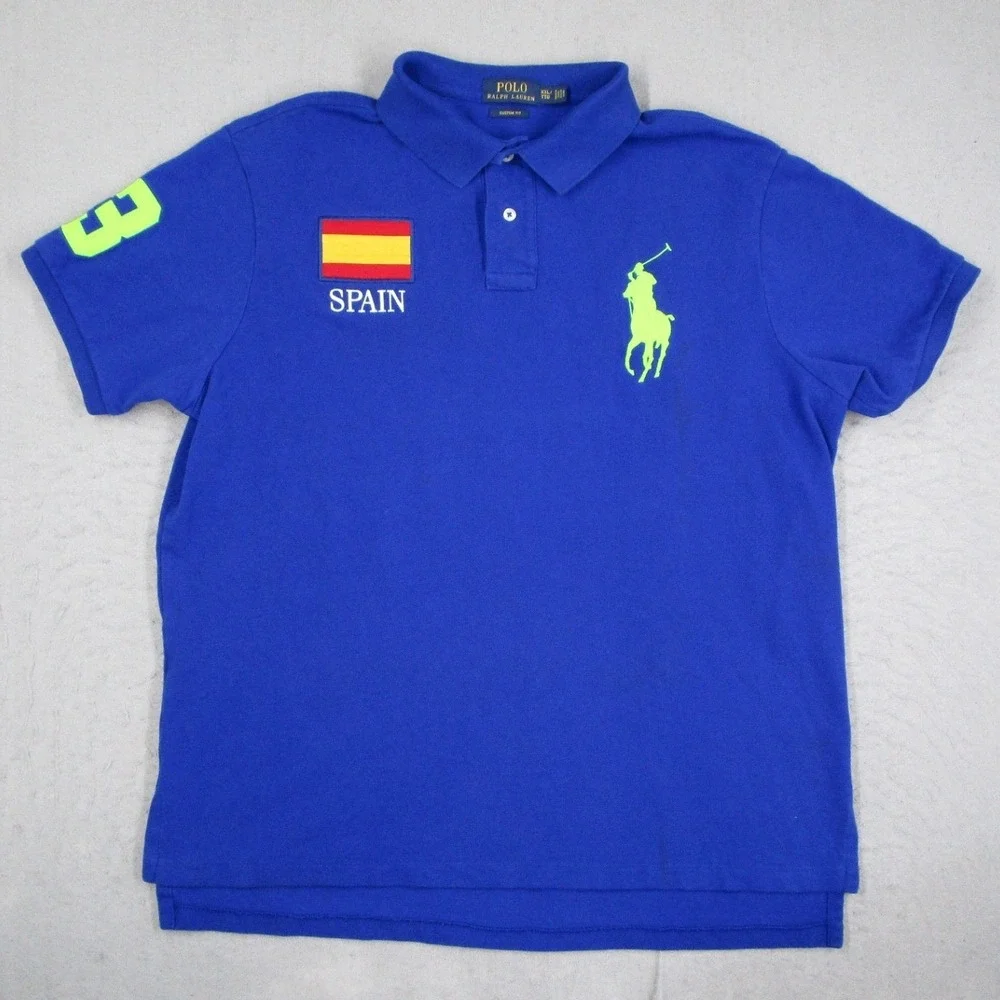 Polo Ralph Lauren Men 2XL Spain Big Pony Polo Shirt Blue Custom Fit Short Sleeve